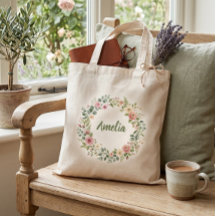 Bolso tote de corona floral personalizada | Nombre