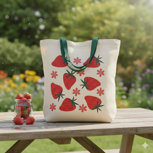 Bolso tote de fresas simples rojo verde rosa