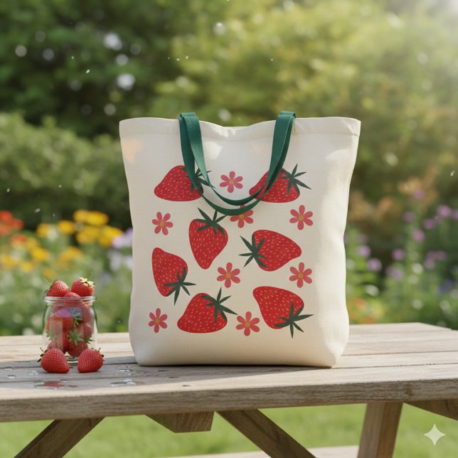 Bolso tote de fresas simples rojo verde rosa (Subido por el creador)
