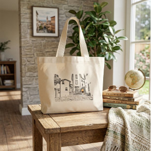 Bolso Tote Elegante con Ciudad Antigua Dibujada a 