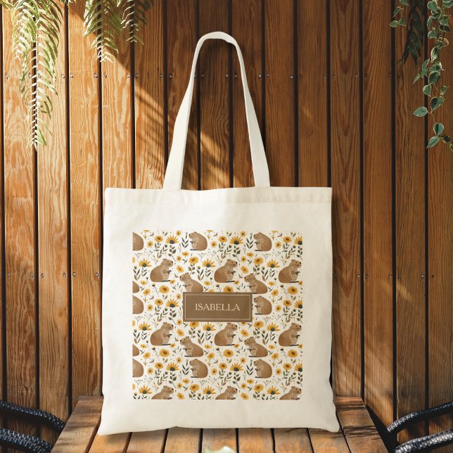 Bolso Tote Floral de Carpincho Adorable (cute whimsical capybara sunflower floral tote bag with custom name, fun personalized gift)