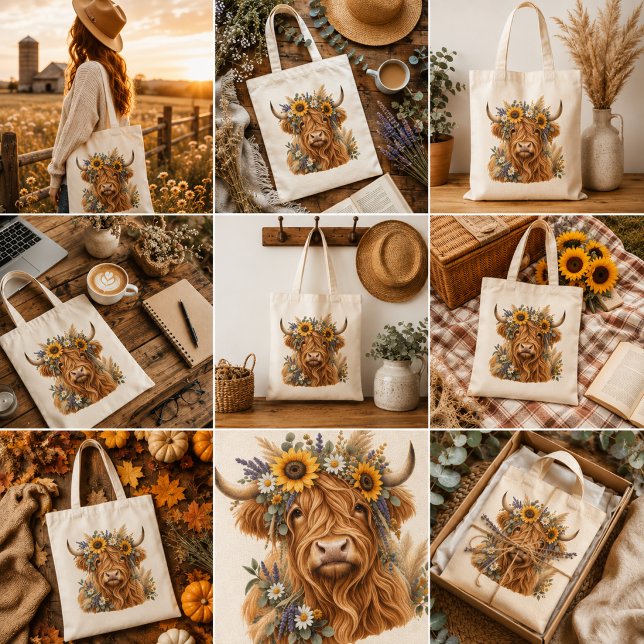 Bolso Tote Floral Highland Cow  (Subido por el creador)