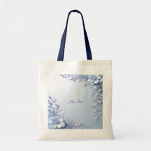 Bolso Tote Flores Ornamentadas Azules con Perlas
