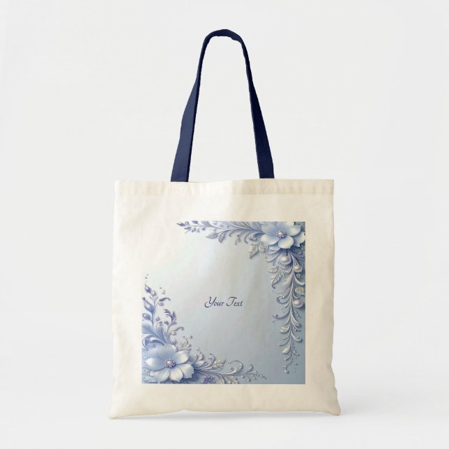 Bolso Tote Flores Ornamentadas Azules con Perlas (Frente)