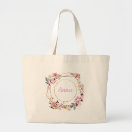Bolso tote geométrico de flores rosadas y dorado
