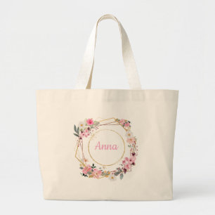 Bolso tote geométrico de flores rosadas y dorado
