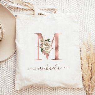 Bolso Tote Letra M Monograma Floral Marfil Rosa Do