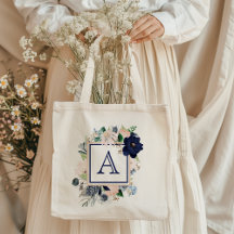 Bolso Tote Monograma de Rosa Floral Azul
