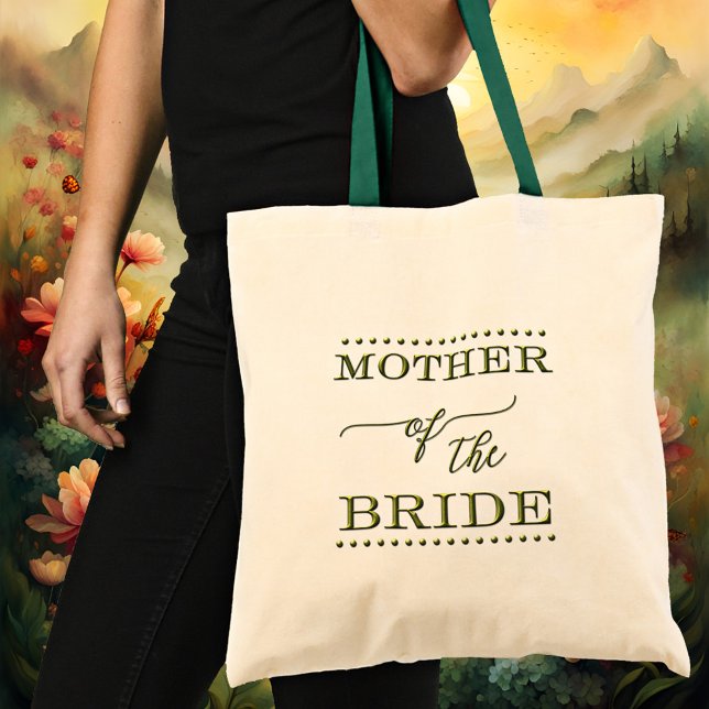 Bolso Tote Verde con Letra de Guion de la Madre de (An elegant Mother of the Bride tote bag featuring stylized green texts with script)