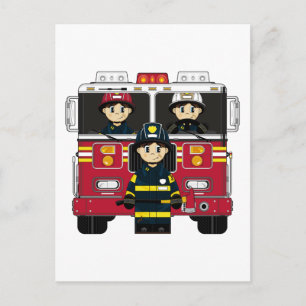 Bomberos con tarjeta postal del motor de fuego
