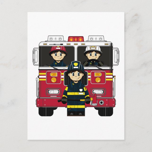 Bomberos con tarjeta postal del motor de fuego (Anverso)