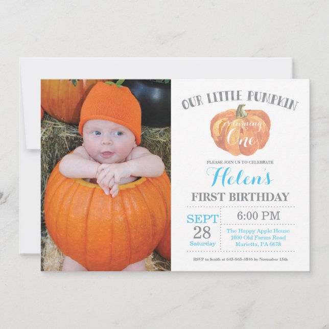 Bompkin niño primer cumpleaños invitación azul (Anverso)