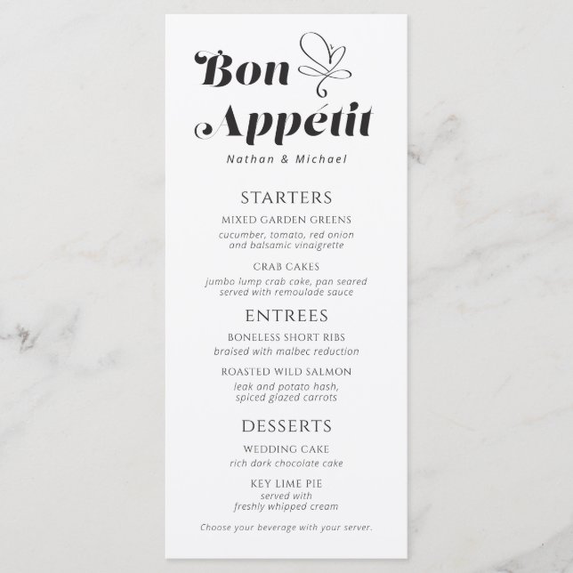 Bon Appetit Boda Cena Menú Blanco Negro (Anverso)