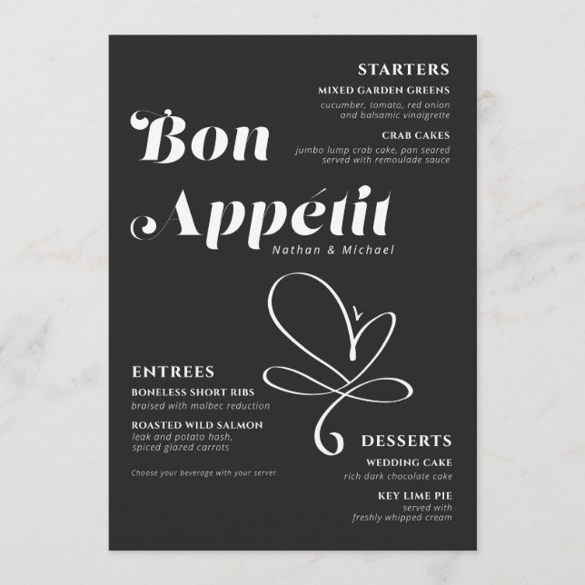 Bon Appetit Boda Cena Menú Blanco Negro (Anverso)