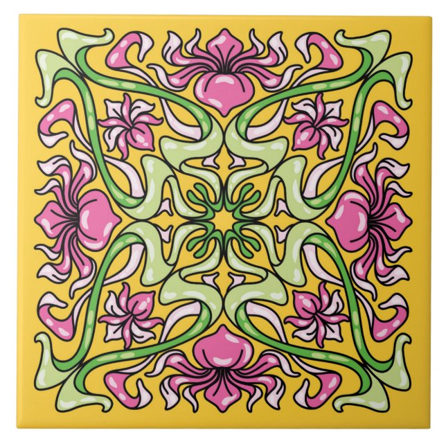 Bonita baldosa Art Nouveau con flores de Iris (Frente)
