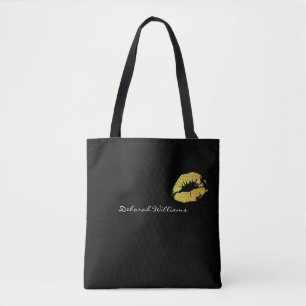 bonita bolsa negra con su nombre y labios dorados