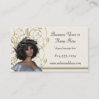 Bonita dama con tarjetas de negocios decoradas con