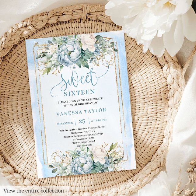 Bonita Dusty Blue Peony Peony Dulce Invitación 16 (Lovely Dusty Blue White Peonies Sweet 16 Invitation)