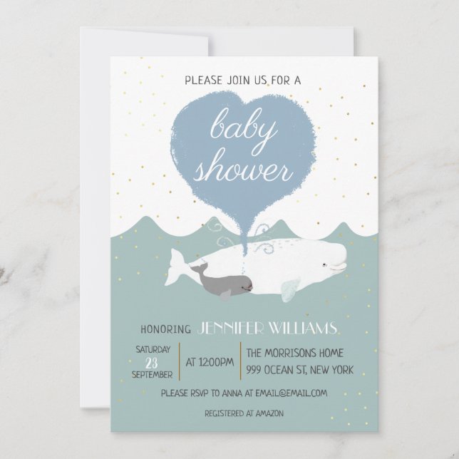 Bonita invitación a Baby Shower a la ballena blanc (Anverso)