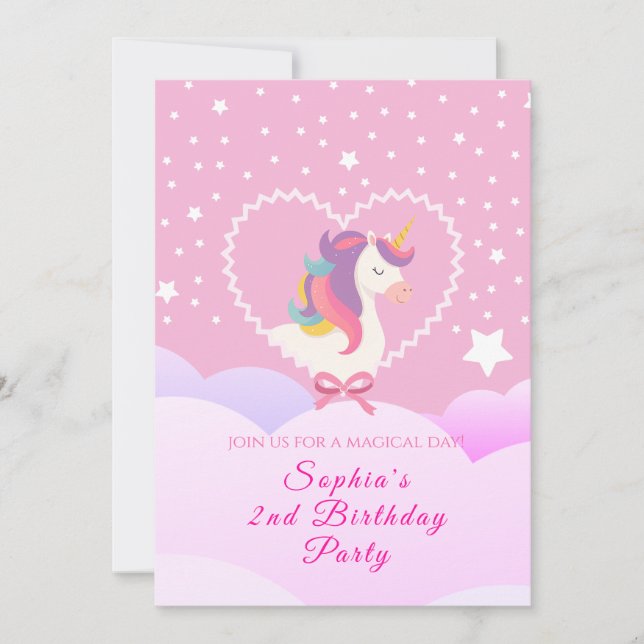 Bonita invitación de cumpleaños de Unicornio (Anverso)