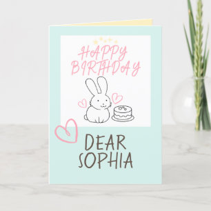Bonita tarjeta de cumpleaños de conejo y pastelito