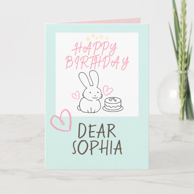 Bonita tarjeta de cumpleaños de conejo y pastelito (Anverso)