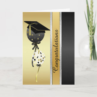 Bonita tarjeta de graduación de oro y globos negro
