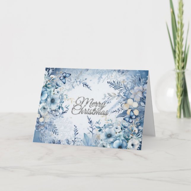Bonita tarjeta de Navidad Blue Watercolor Floral M (Anverso)
