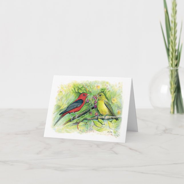 Bonita tarjeta de nota de la pareja Scarlet Tanage (Beautiful Scarlet Tanager Couple Watercolor Blank Note Cards from Jenn Steffen Art)