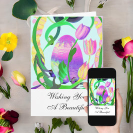 Bonita tarjeta de Pascua de Pascua y Tulipanes