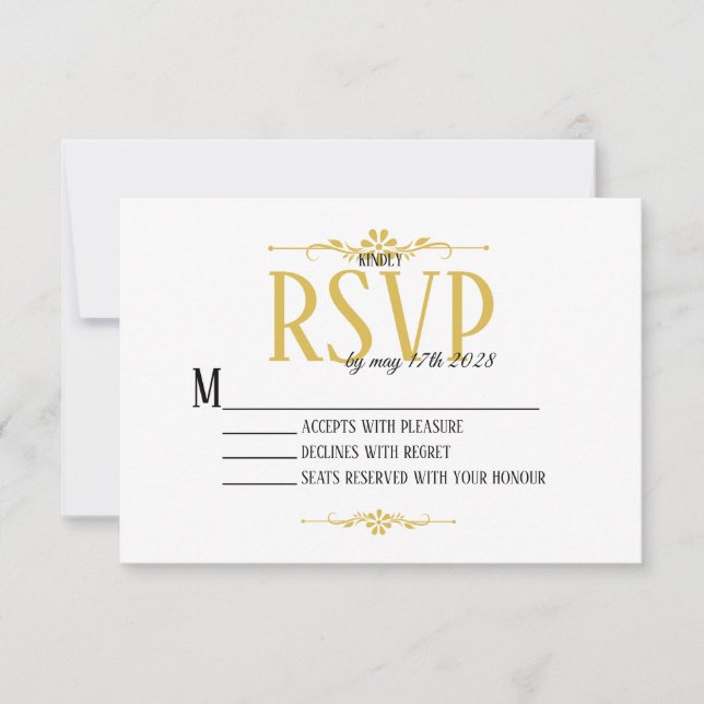 Bonita y elegante tarjeta RSVP en blanco y oro (Anverso)