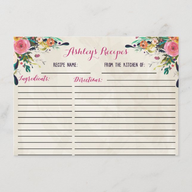 Bonitas tarjetas de recetas florales (Anverso)