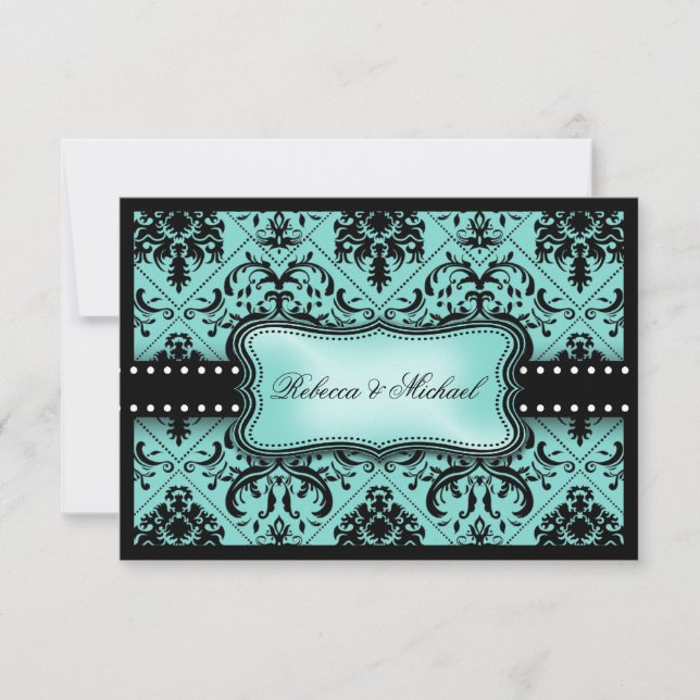 Bonitas tarjetas RSVP Aqua Blue & Black Damask (Anverso)