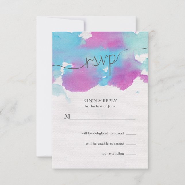 Bonito acuarela Azul Morado Boda RSVP (Anverso)