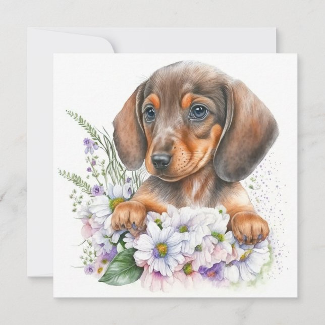 Bonito acuarela Dachshund Puppy Floral (Anverso)