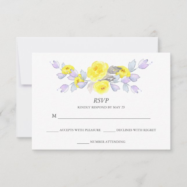 Bonito Acuarela Gris Amarillo Rosas Púrpura RSVP (Anverso)