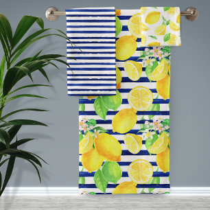 Bonito acuarela Lemons y baño de rayas azules