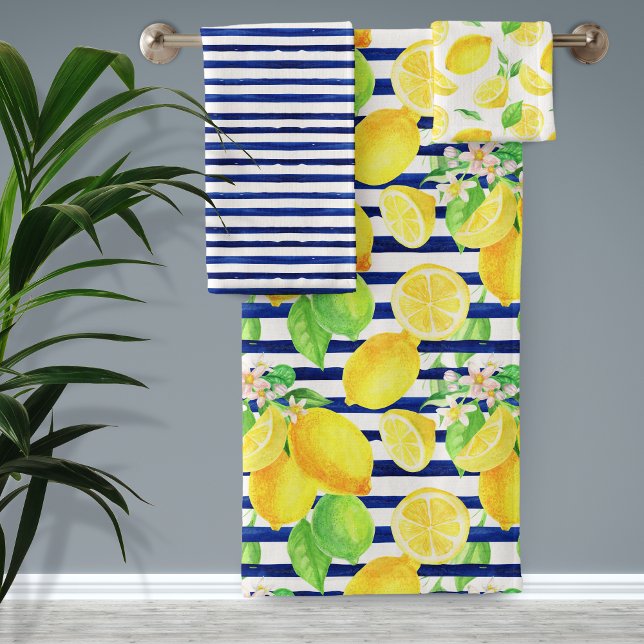 Bonito acuarela Lemons y baño de rayas azules (Subido por el creador)