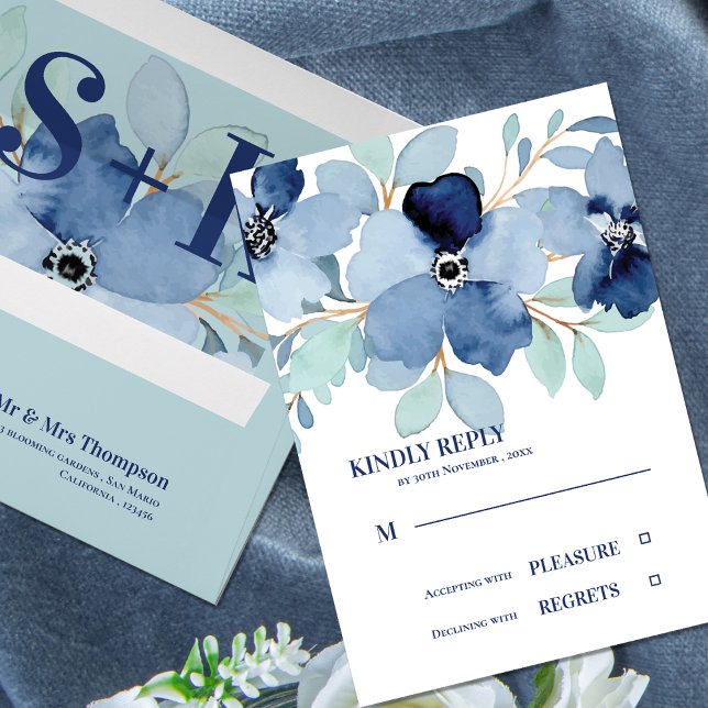 Bonito acuarela Stale Blue Floral Wedding RSVP (Pretty Watercolor Stale Blue Floral Wedding RSVP)