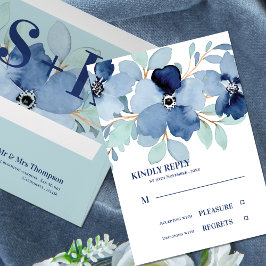 Bonito acuarela Stale Blue Floral Wedding RSVP