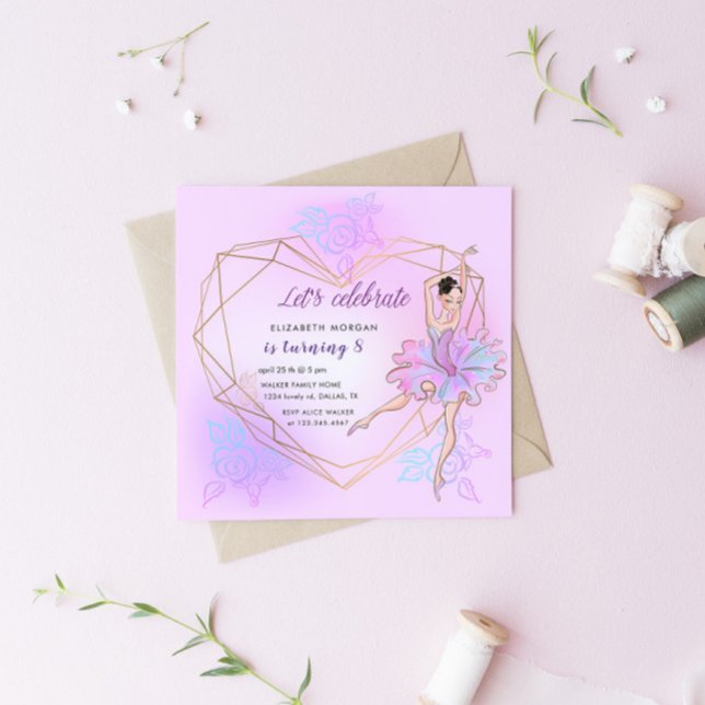 Bonito Ballerina Pastel Square Birthday Invitación (Subido por el creador)