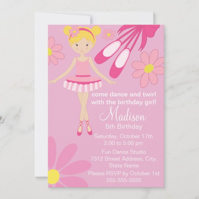 Bonito Ballerina Rosa Dance Invitación al cumpleañ (Anverso)