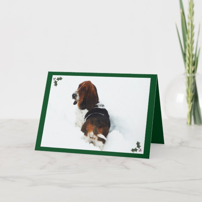 Bonito Basset en Nieve sobre Tarjeta de Navidades  (Anverso)
