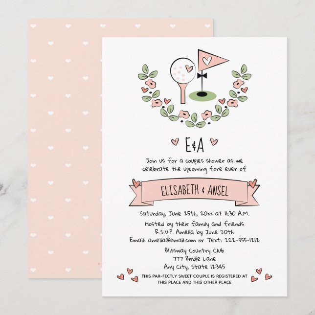 Bonito Boda de golf rosa Parejas Ducha Invitación (Anverso / Reverso)