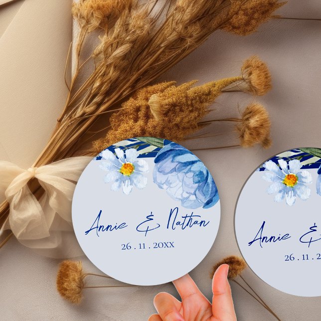 Bonito de moda Flores Azules Pegatina Boda Floral (Trendy Pretty Blue Flowers Floral Wedding Sticker)