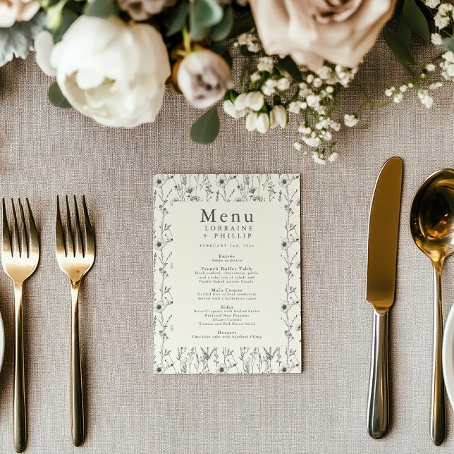 Bonito delicado menú boda de flores silvestres (Wedding reception table menu with vintage style wild flowers frame)