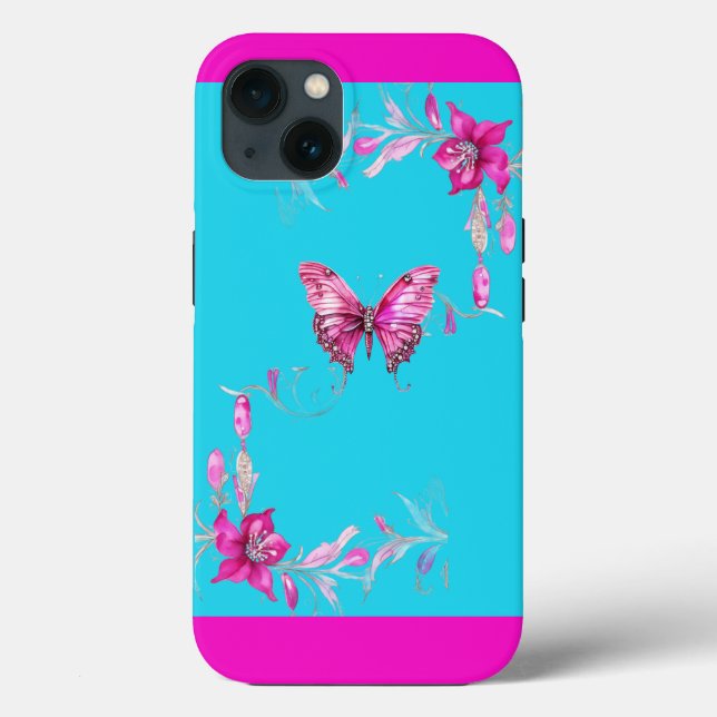 Bonito elegante Fuschia Butterfly iPhone 13 Funda (Reverso )