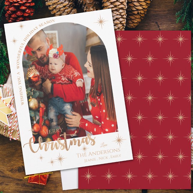 Bonito Faux Rosa Gold Family Foto Feliz Navidad (Pretty Faux Rose Gold Family Photo Merry Christmas Holiday Card)