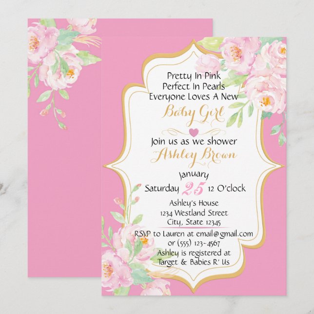 Bonito Floral En Baby Shower Rosa Invitación (Anverso / Reverso)
