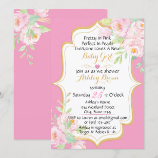 Bonito Floral En Baby Shower Rosa Invitación